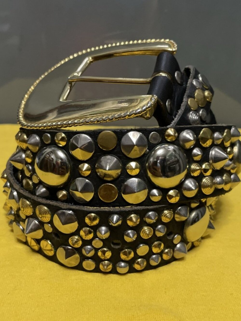 Michael Morrison Small Black Leather Gold & Silver Buckle Studded Statement Belt